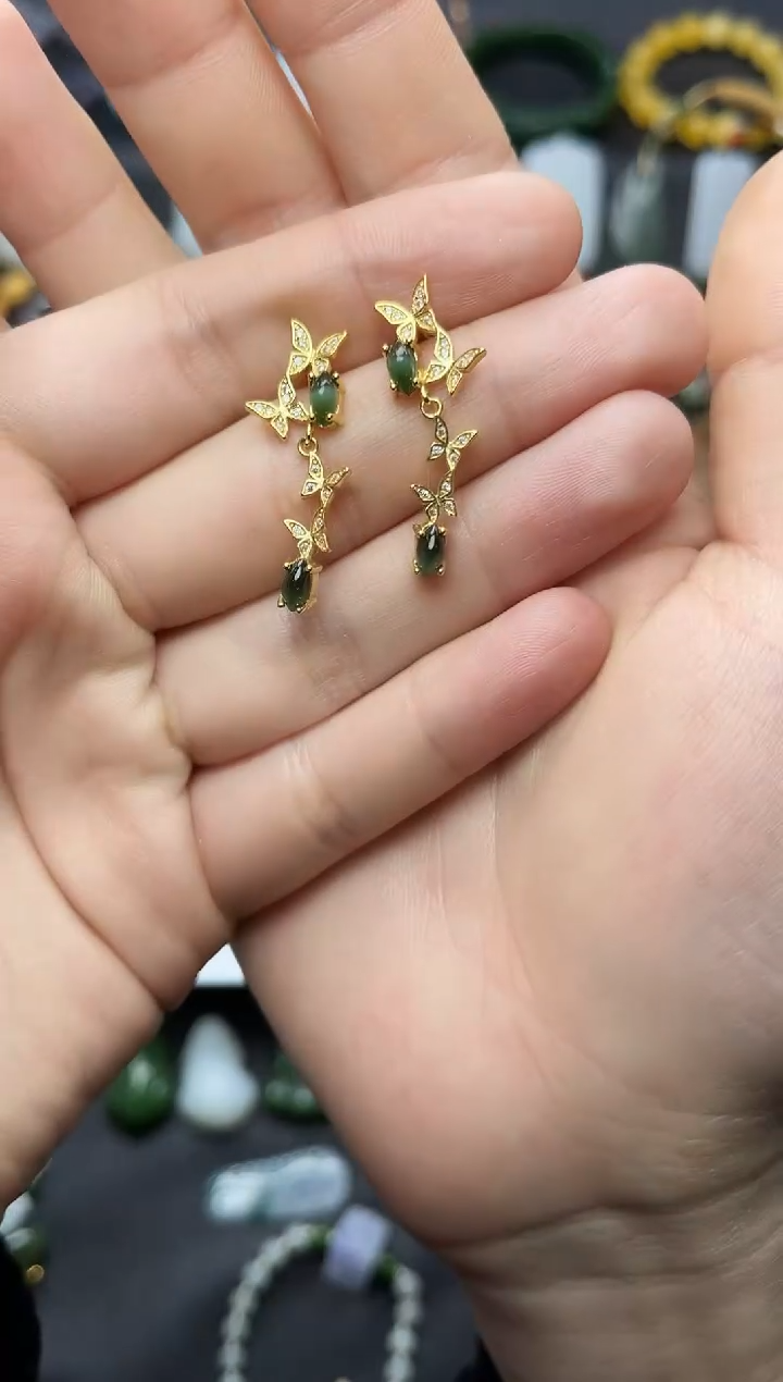 银S925镶嵌和田玉耳饰蝴蝶耳坠06