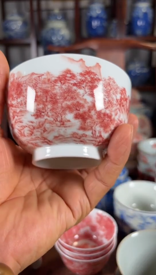 柴窑釉里红山水杯杯