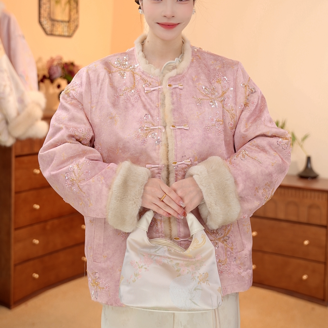粉雾梅梢｜新中式国风加绒加厚水貂毛刺绣双面穿外套-6429