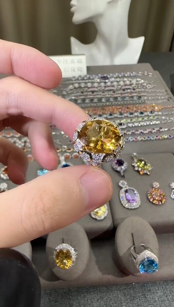 银S925镶嵌戒指黄晶14*12mm戒指高级款