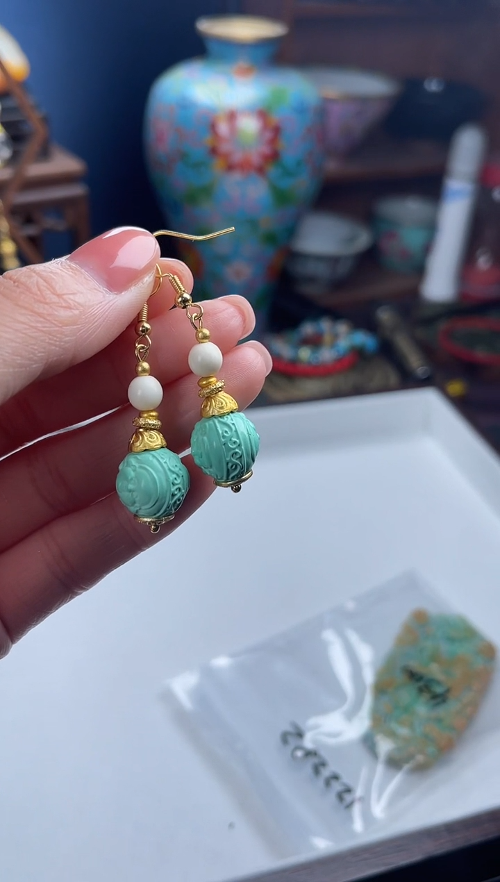 手工艺品琉璃仙**儿，蓝白琉璃耳钩