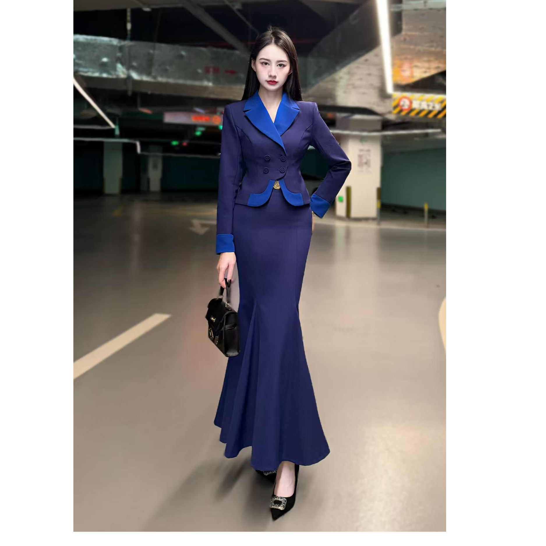 LARISSA 经典高级气质修身拼色款长袖西装套装蓝色