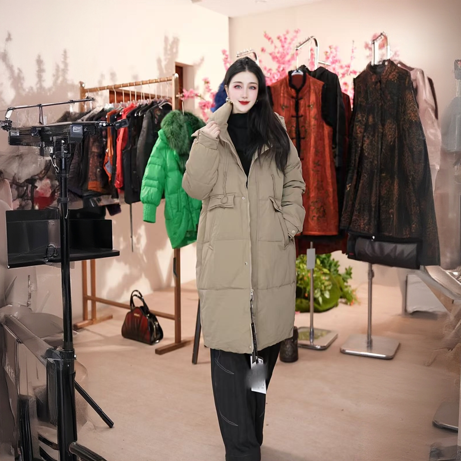 冬季新款韩版宽松显瘦大口袋连帽中长款防寒服秋冬显瘦连帽