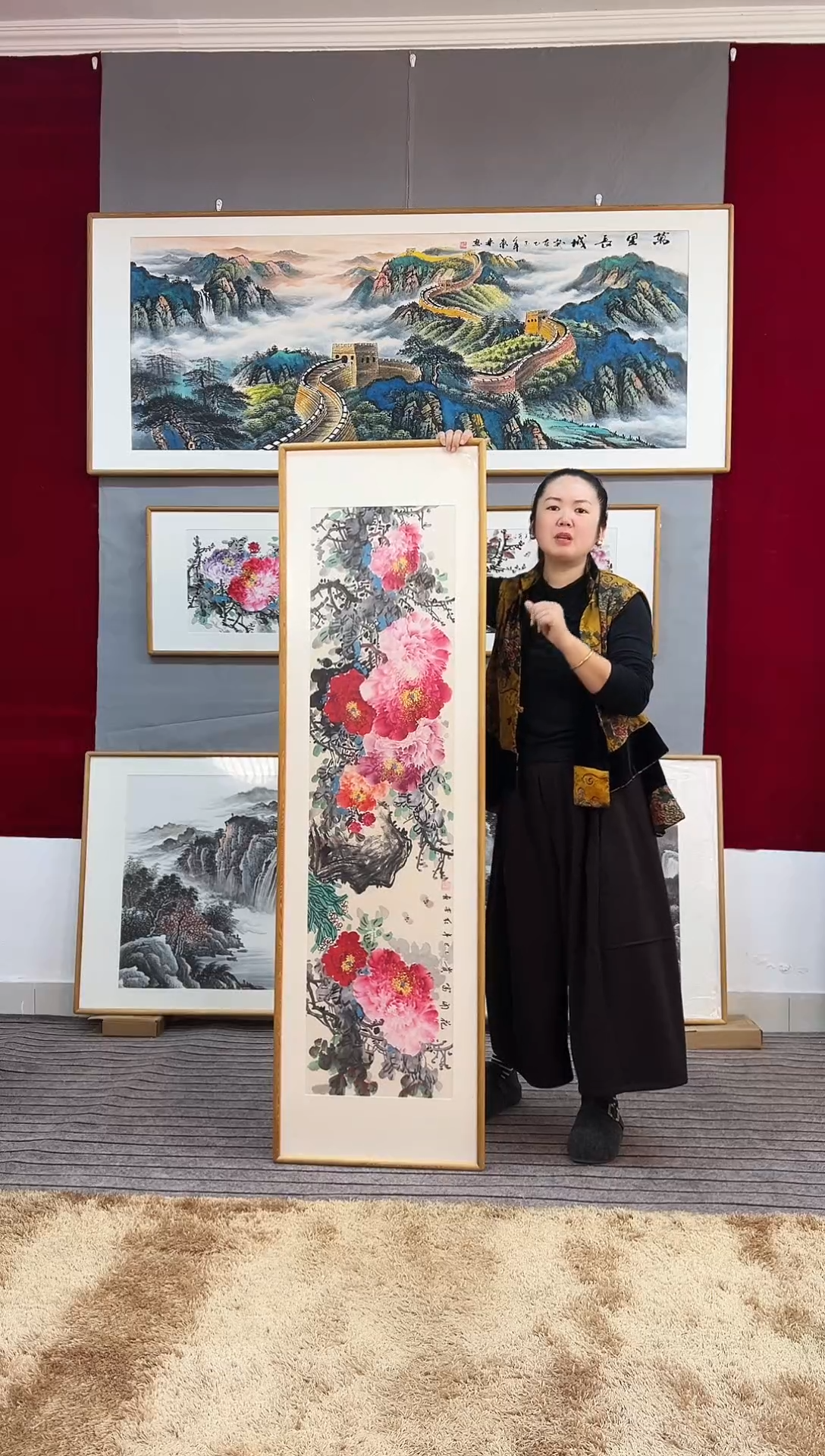 国画手绘牡丹162*47尺寸