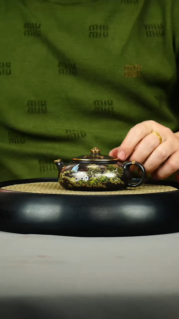 茶壶紫砂石黄 寒江 珐琅彩 山水树