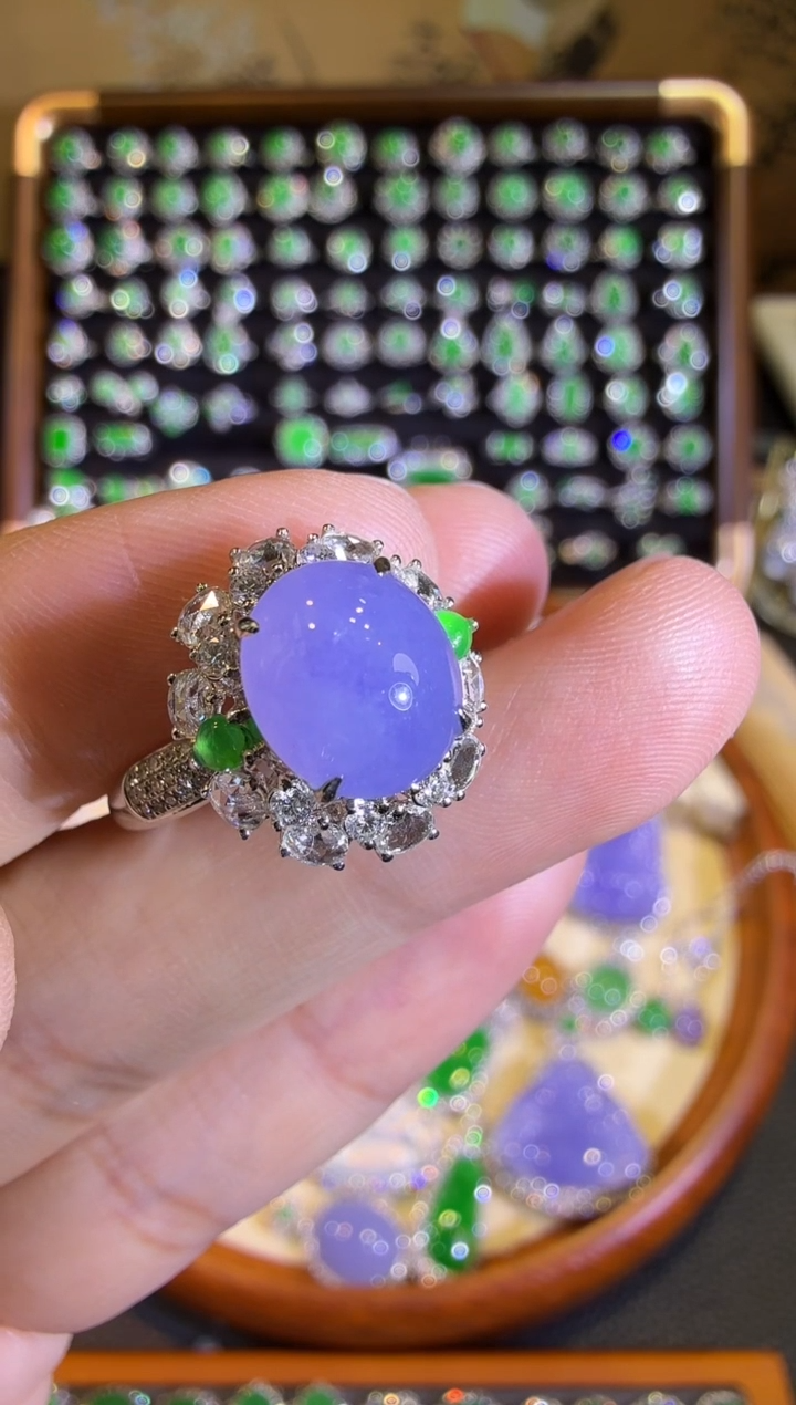 【闪购商品】翡翠戒指18K金镶嵌冰紫蛋面戒指