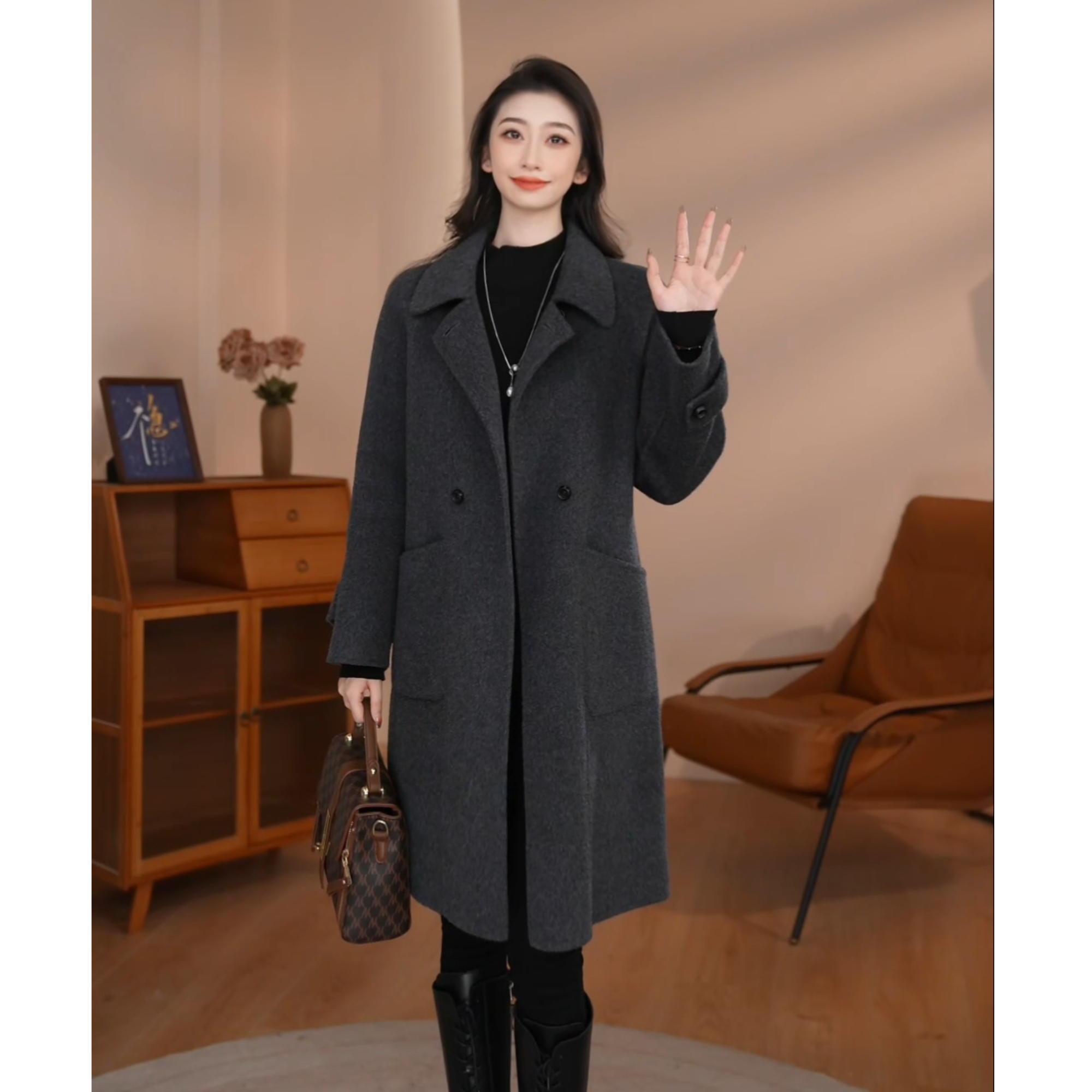 【曼贝】高端定制款双面绵羊毛大衣时尚设计感外套8484039【甜甜】