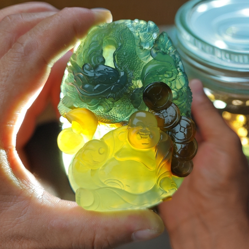 精品玉石王花玉，龙凤弥勒佛精雕