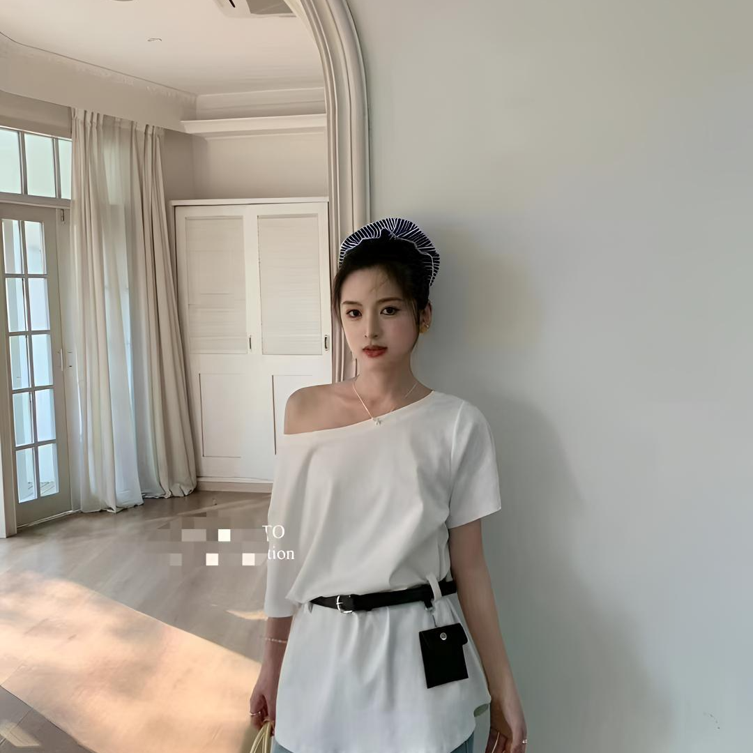 纯色打底修身型休闲风高腰气质短袖T恤女士夏季露肩休闲白色圆领