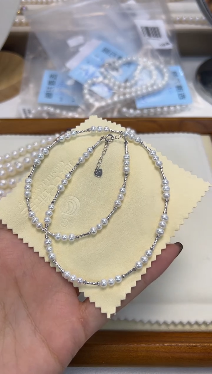 颈饰银S925镶嵌淡水珍珠星光链