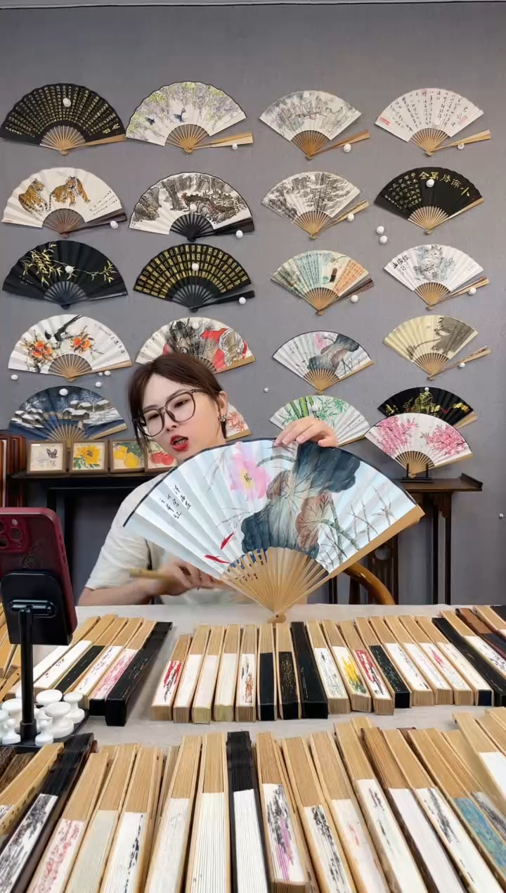 国画95寸玉竹折扇纯手写纯手绘作品荷花