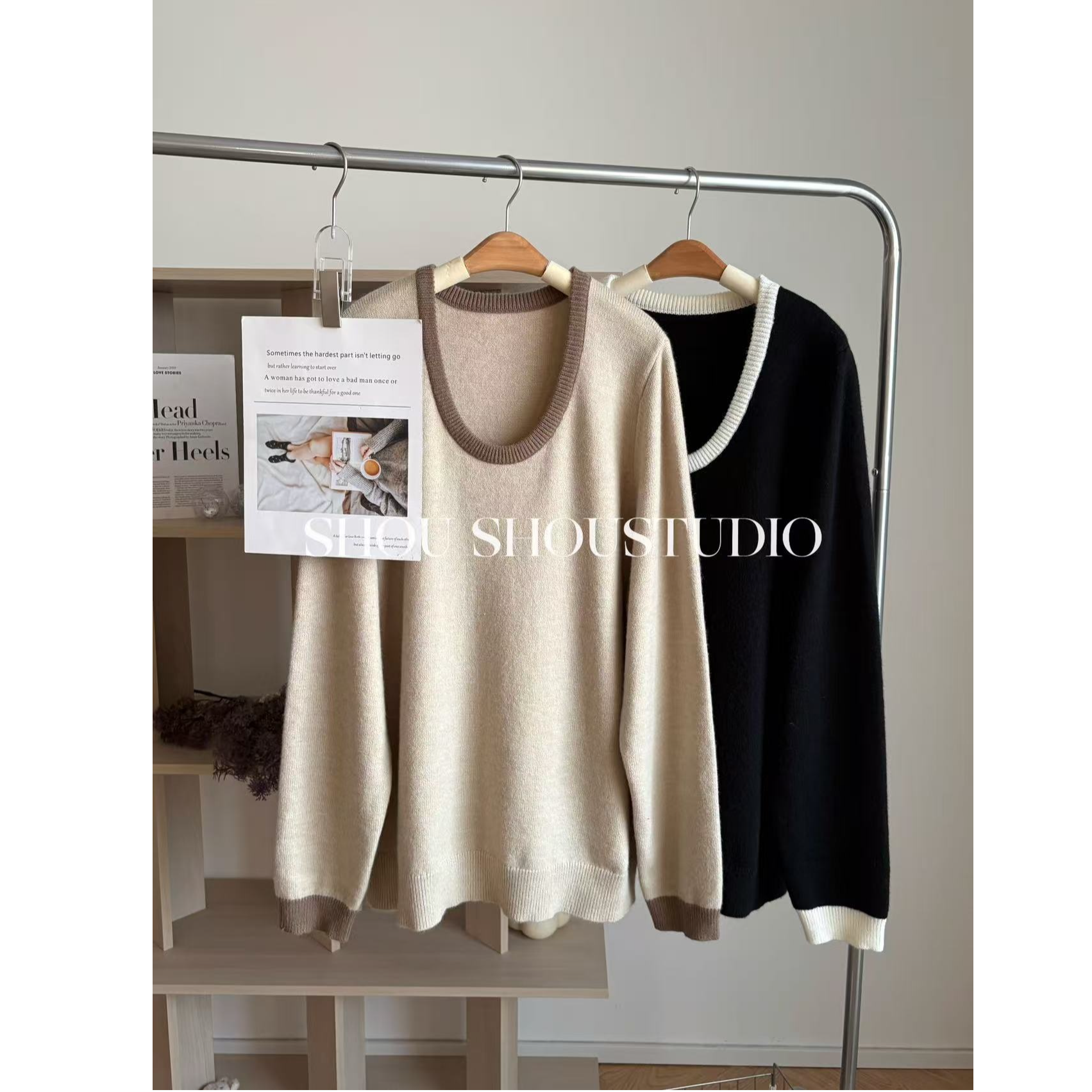 【夏夏】大码大U领撞色拼接显瘦百搭针织套头打底毛衣S02367