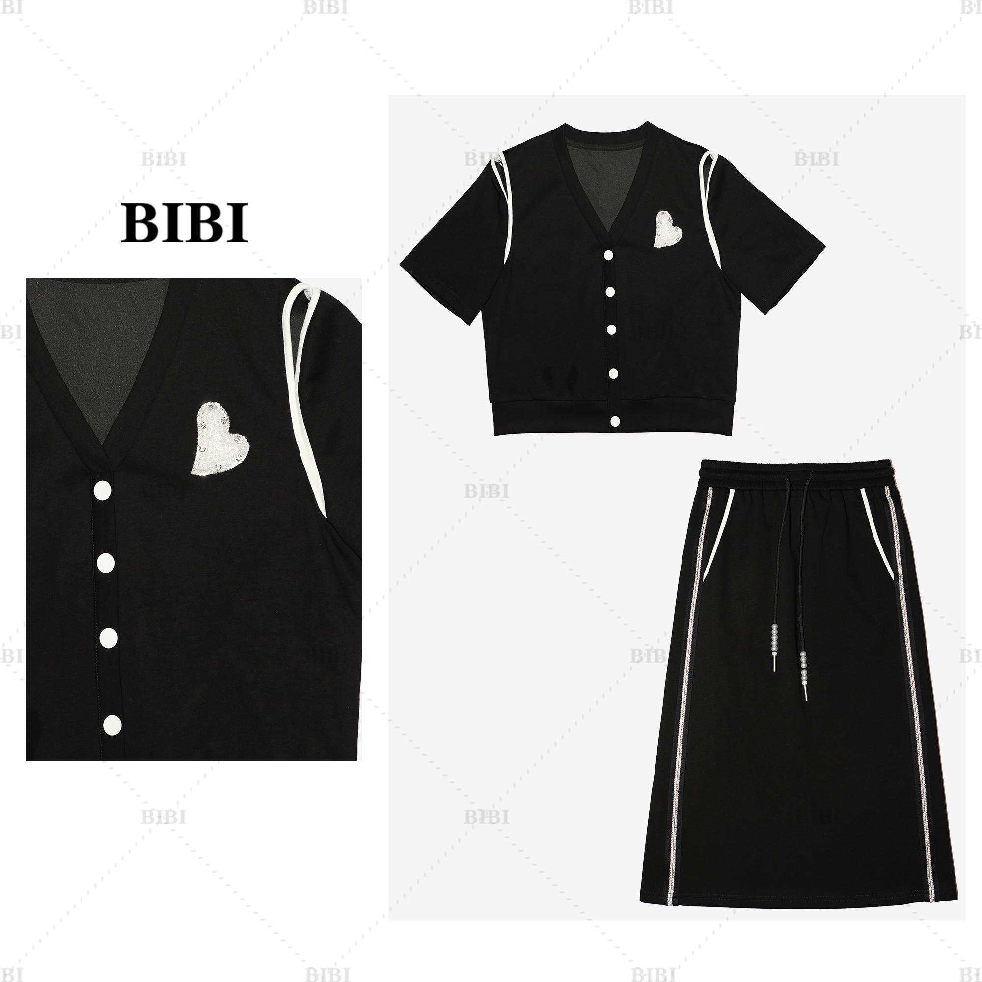 【直播】85028-1夏季带钻拼色半裙T恤休闲气质开衫套裙2件套