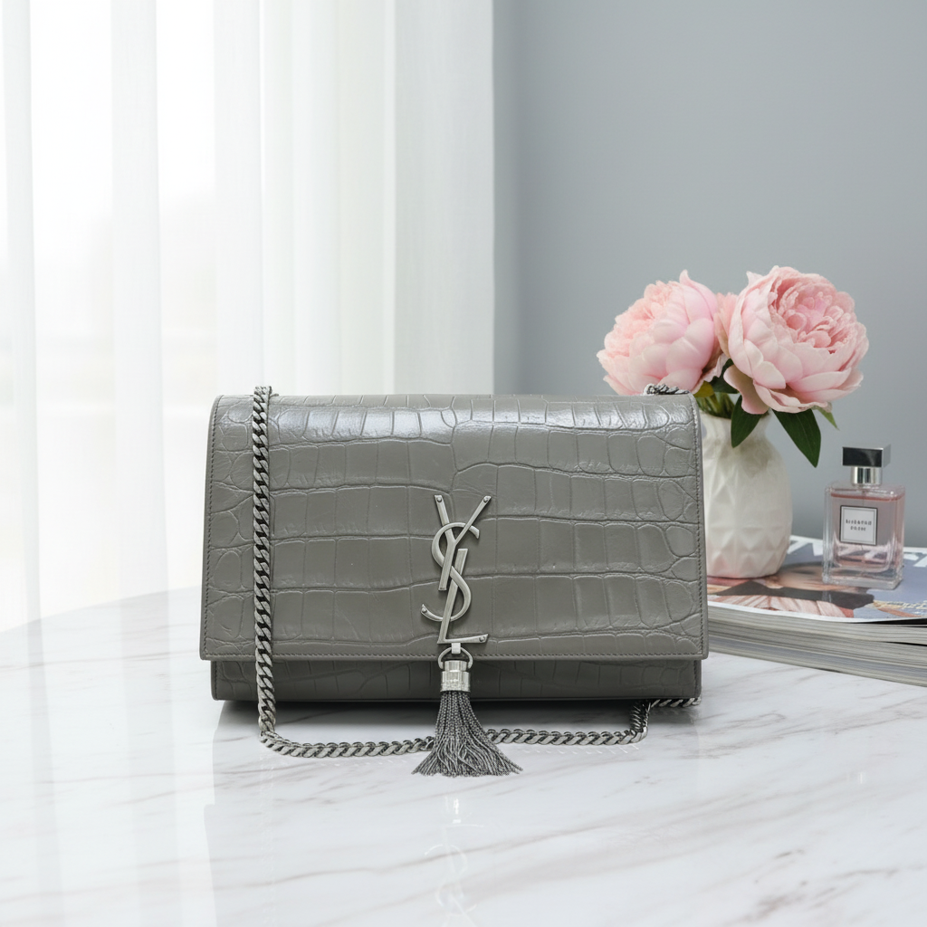 95新 YSL/圣罗兰  大象灰流苏链条包 1794 9156 