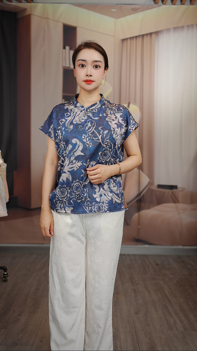 国风印花短袖衬衫夏季2025新款妈妈装洋气女复古漂亮小衫女士T恤 