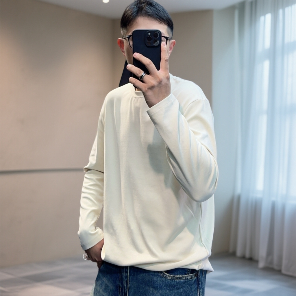 梁叔-秋季棉感柔顺丝滑极简百搭长袖T圆领男士T恤打底衫3389