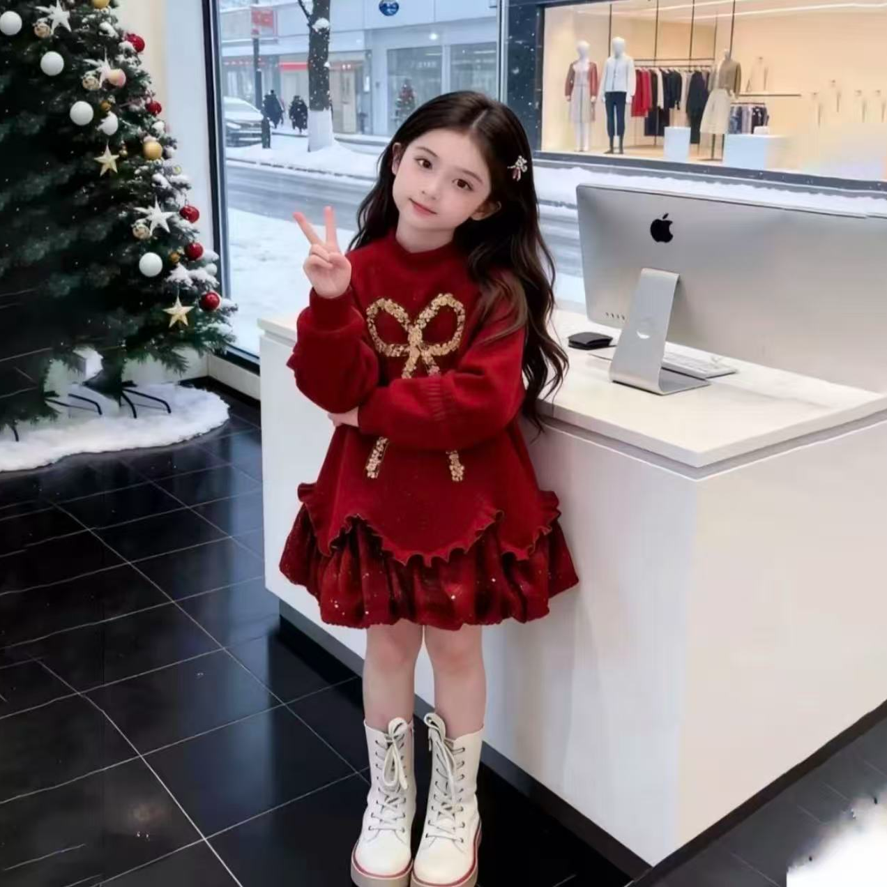 女童加绒连衣裙女孩公主新款红色洋气新年儿童小女孩亮片裙子拜年