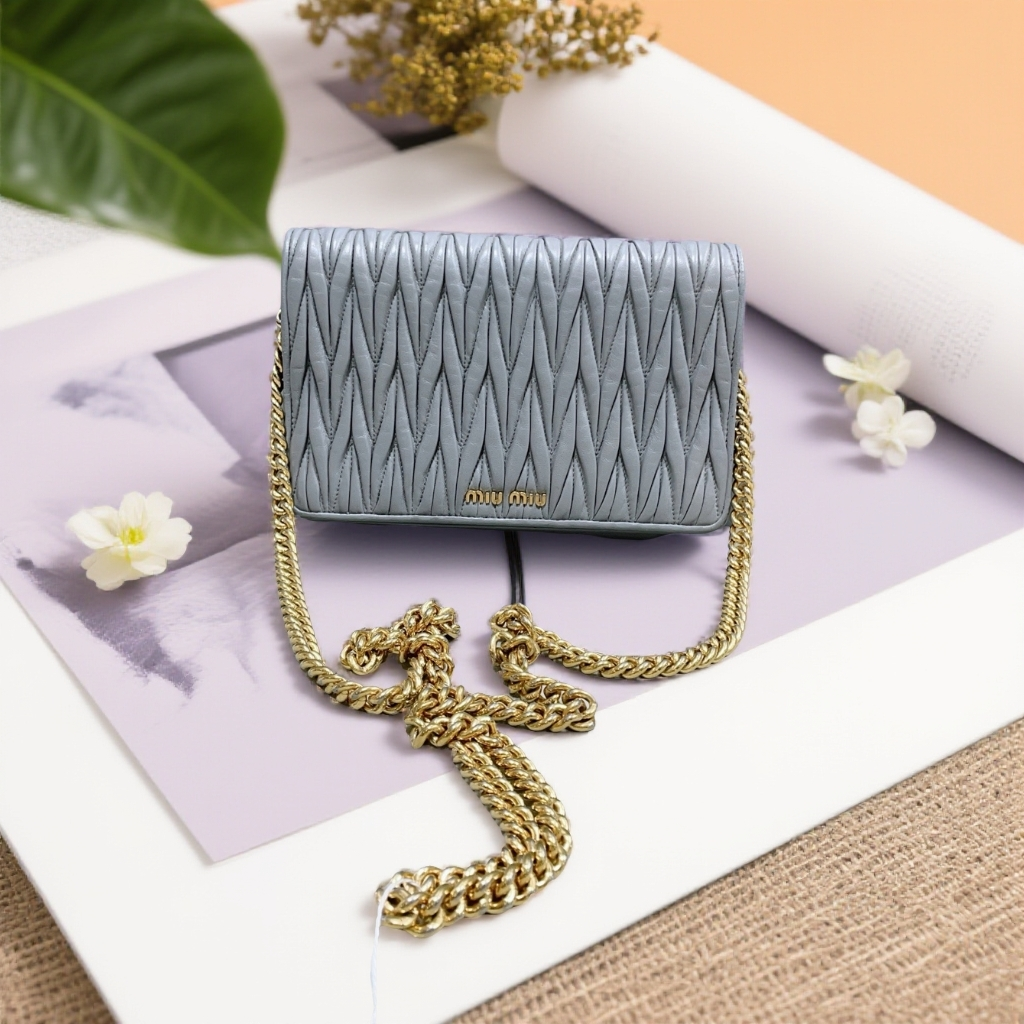 95新 MIU MIU/缪缪    灰色褶皱链条包 1891 0816 