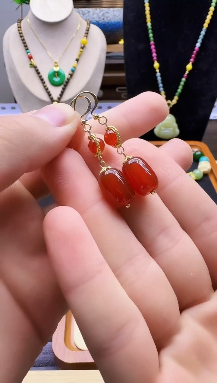 南红玛瑙14K金镶嵌耳饰E160