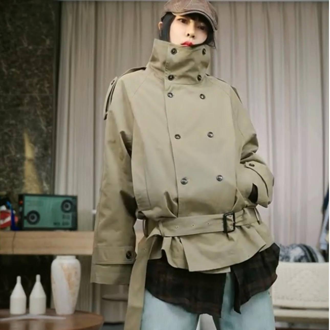 infobyfive罘蠡秋冬老钱风带腰带长袖扣子立领外套一店NF0508047