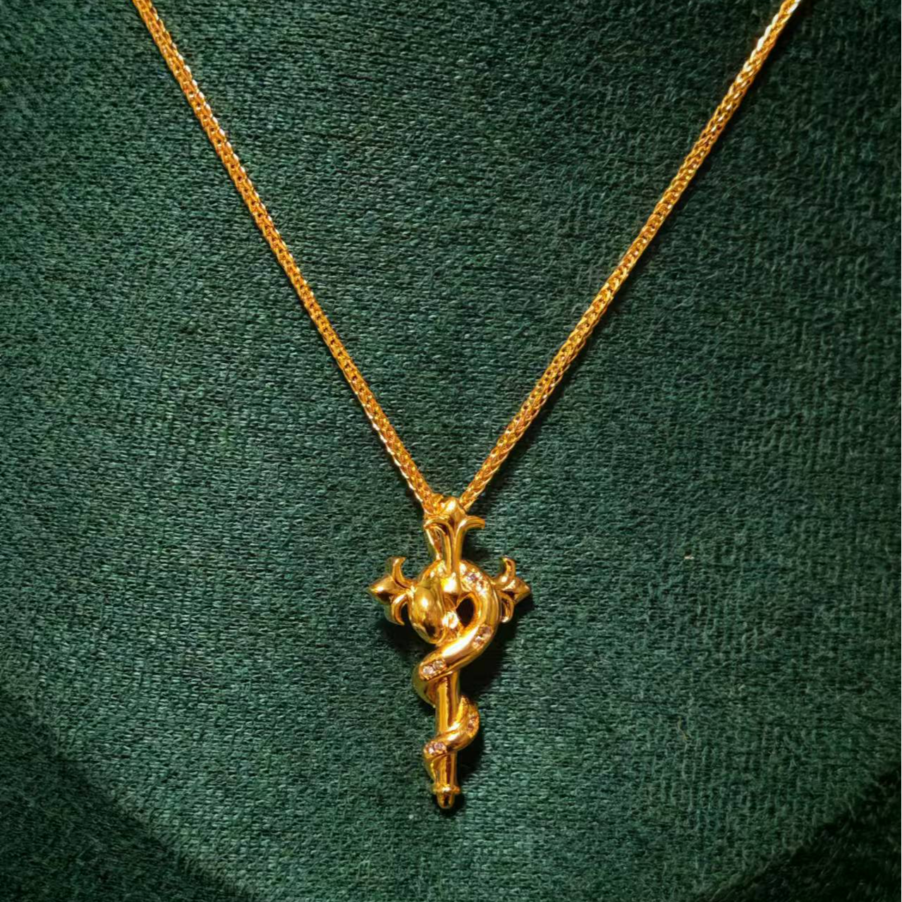 坠链均足银 厚金足银999工艺灵蛇权杖项链女生吊坠颈饰蛇年