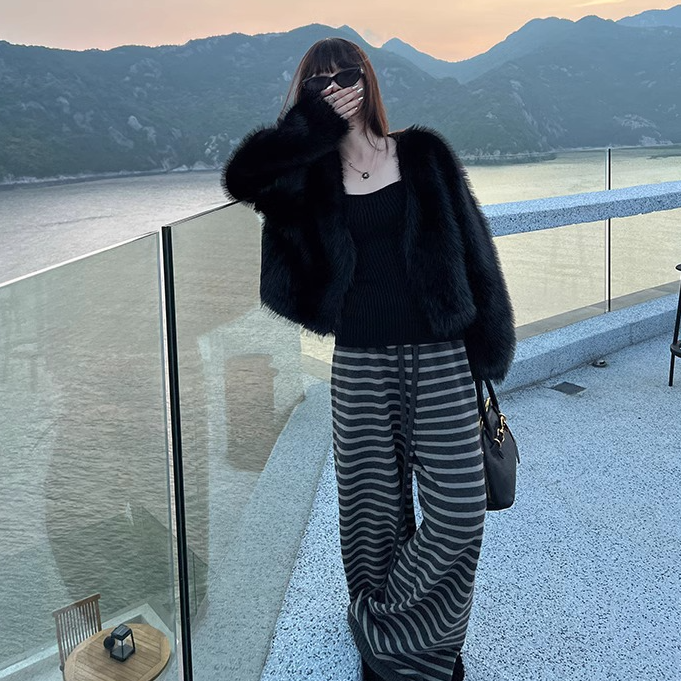 孕妇裤新款2025年阔腿裤冬季厚实暖暖条纹毛线裤慵懒针织休闲裤