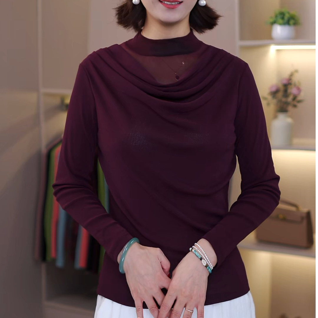 早秋半高领长袖堆堆领打底衫女上衣高弹力网纱显瘦遮肉款妈妈装