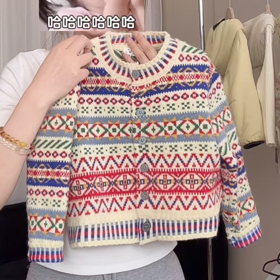 女童冬季新款针织开衫复古民族风女宝宝提花工艺圆领针织毛衣