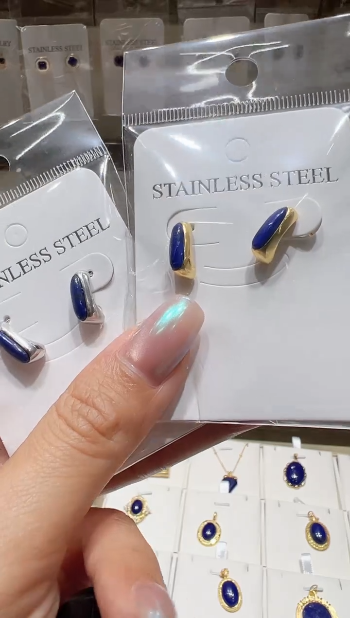 银S925镀金镶嵌青金石耳饰@@