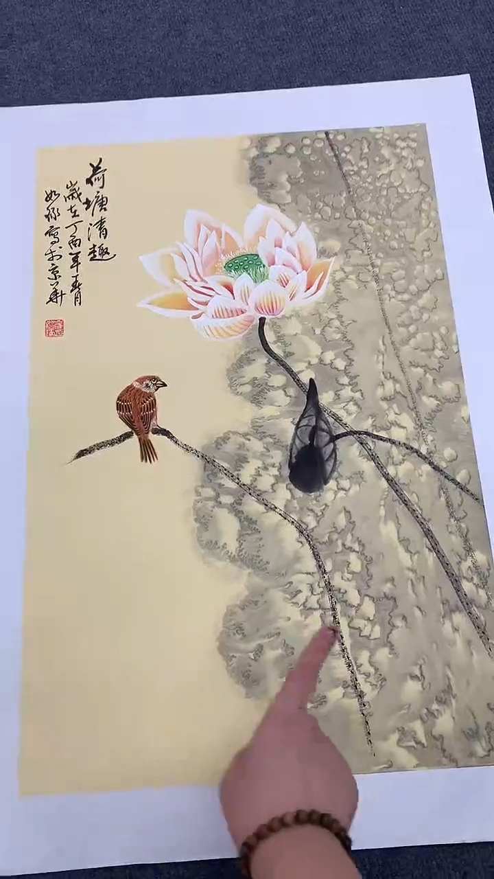 竖款精品开三花鸟荷花，荷塘