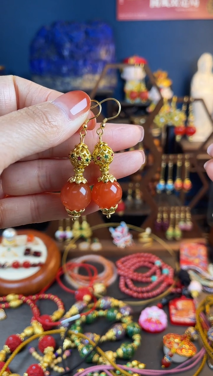 【闪购商品】南红玛瑙耳饰银S925镀金镶嵌玲珑九转南红耳钩