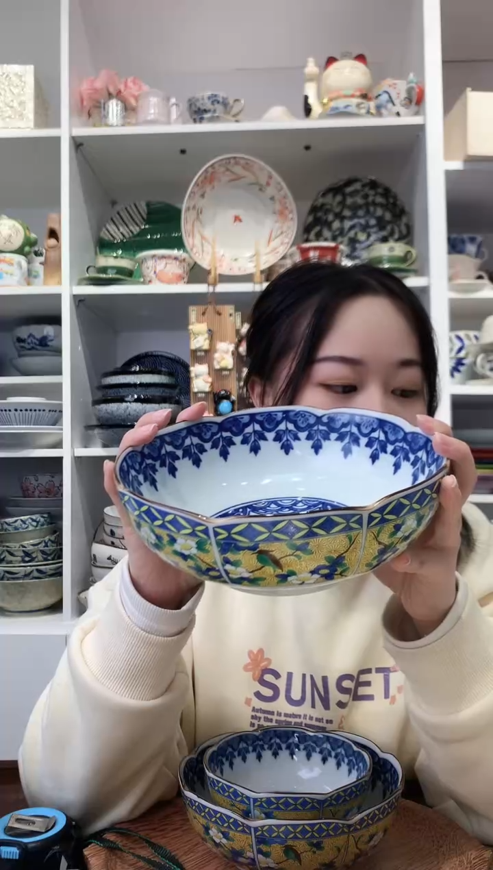 陶瓷吾山窑黄花鸟大号钵21cm