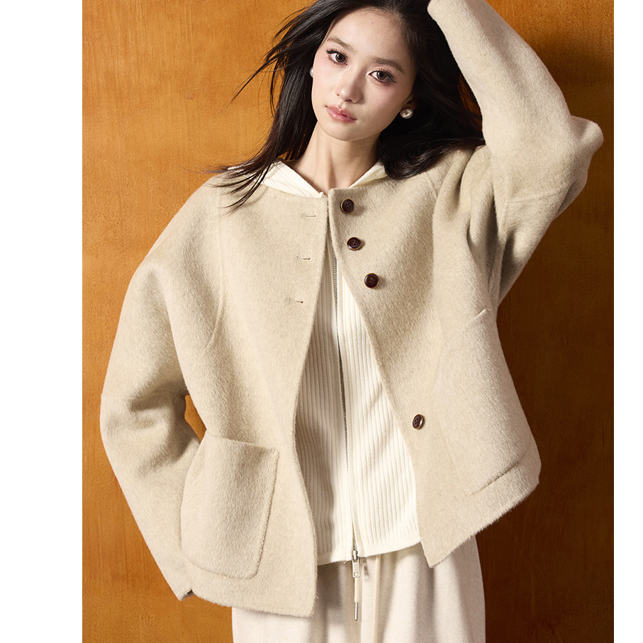 25冬新韩系复古温柔风圆领100%羊毛双面呢大衣毛呢外套女25642