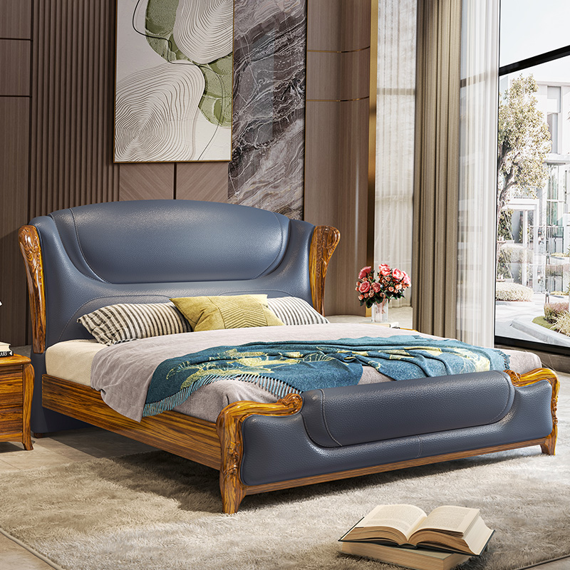 2024新款新中式乌金木床实木真皮现代轻奢别墅头层牛皮卧室双人床