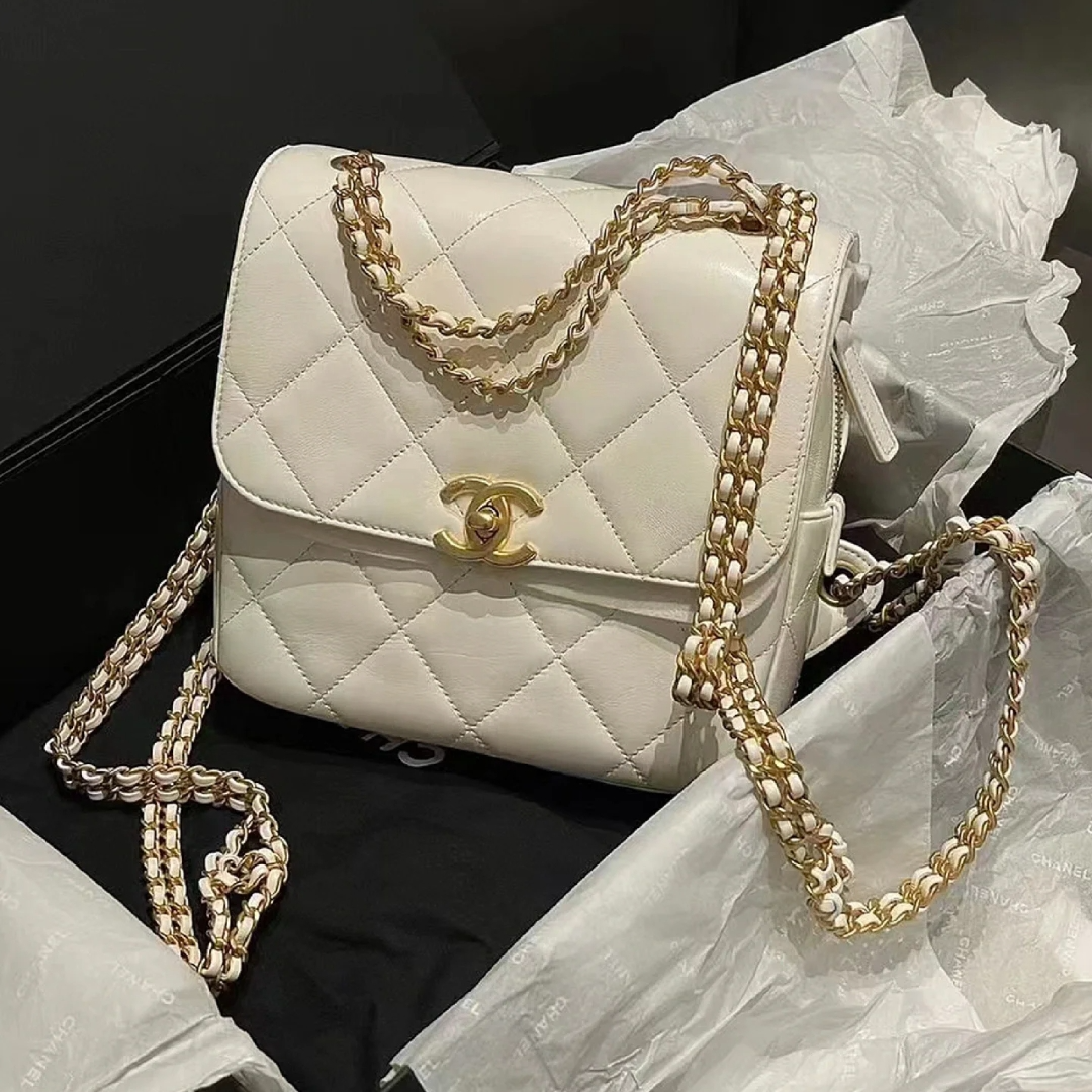 99新 Chanel/香奈儿 【小花念念】口盖双肩包 白色 芯片开 金扣