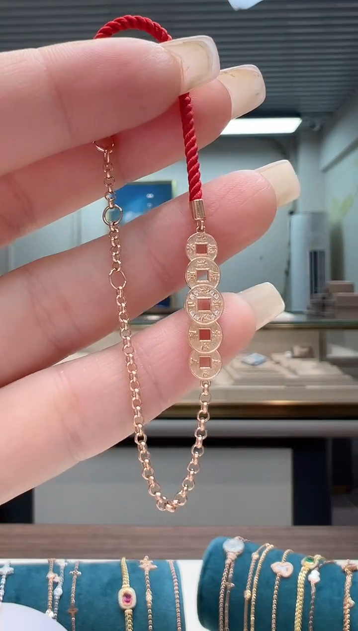 【闪购商品】钻石手链18K金镶嵌镶钻铜钱红绳手链K红