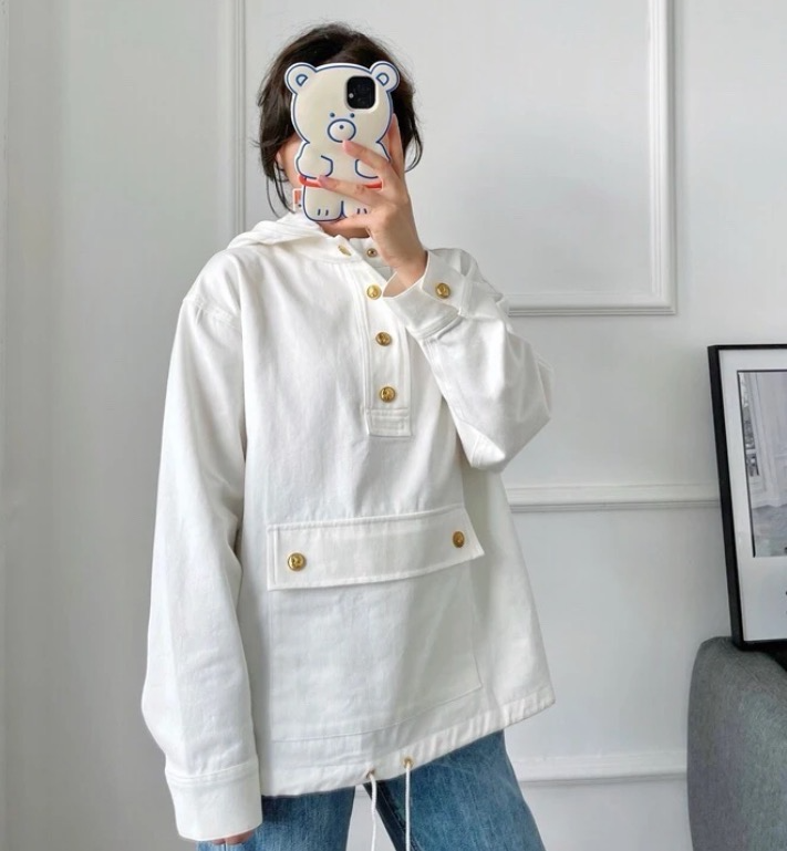 95新 Celine/思琳  IM0517   白色棉质连帽外套  XS码