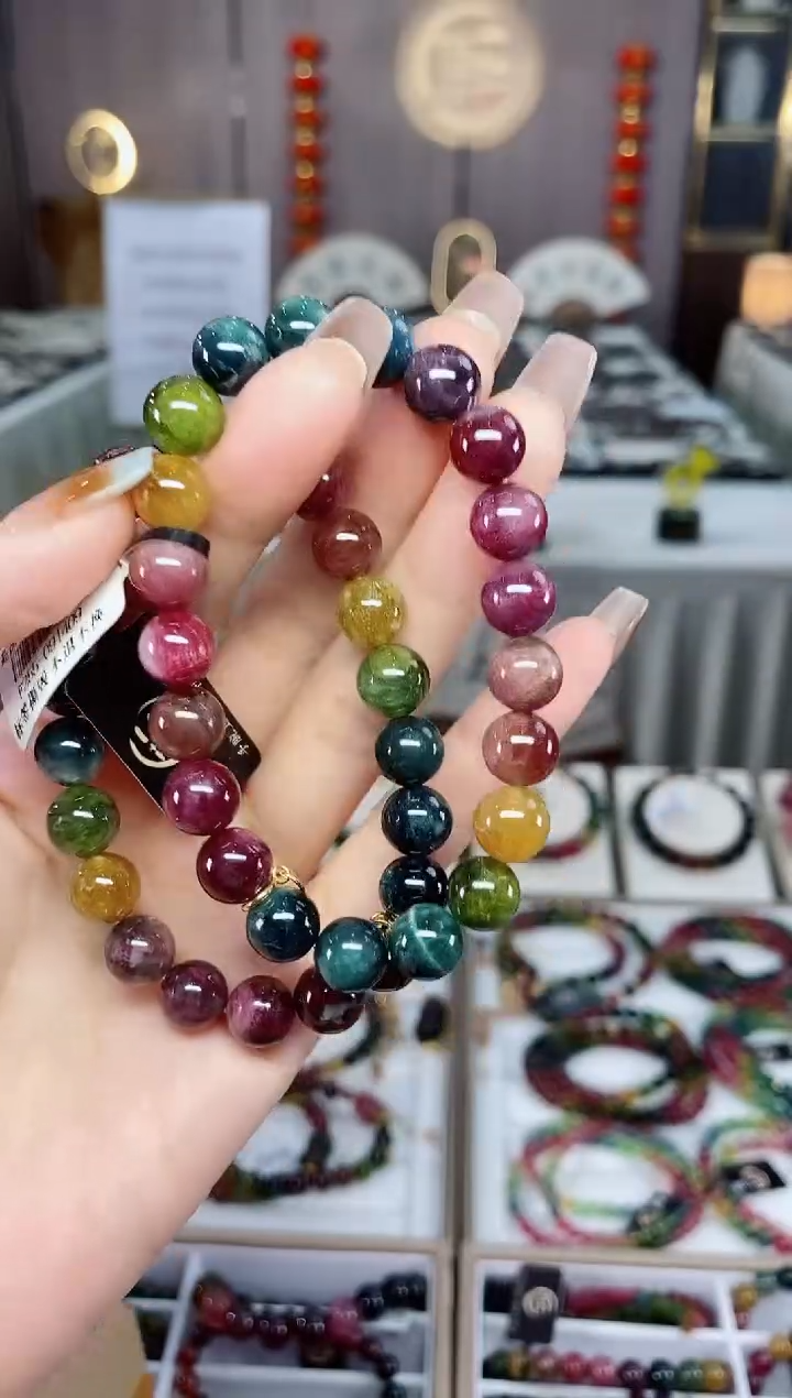 老矿油画碧玺色标单圈手串9mm+未镶嵌碧玺dan多样性发货一条