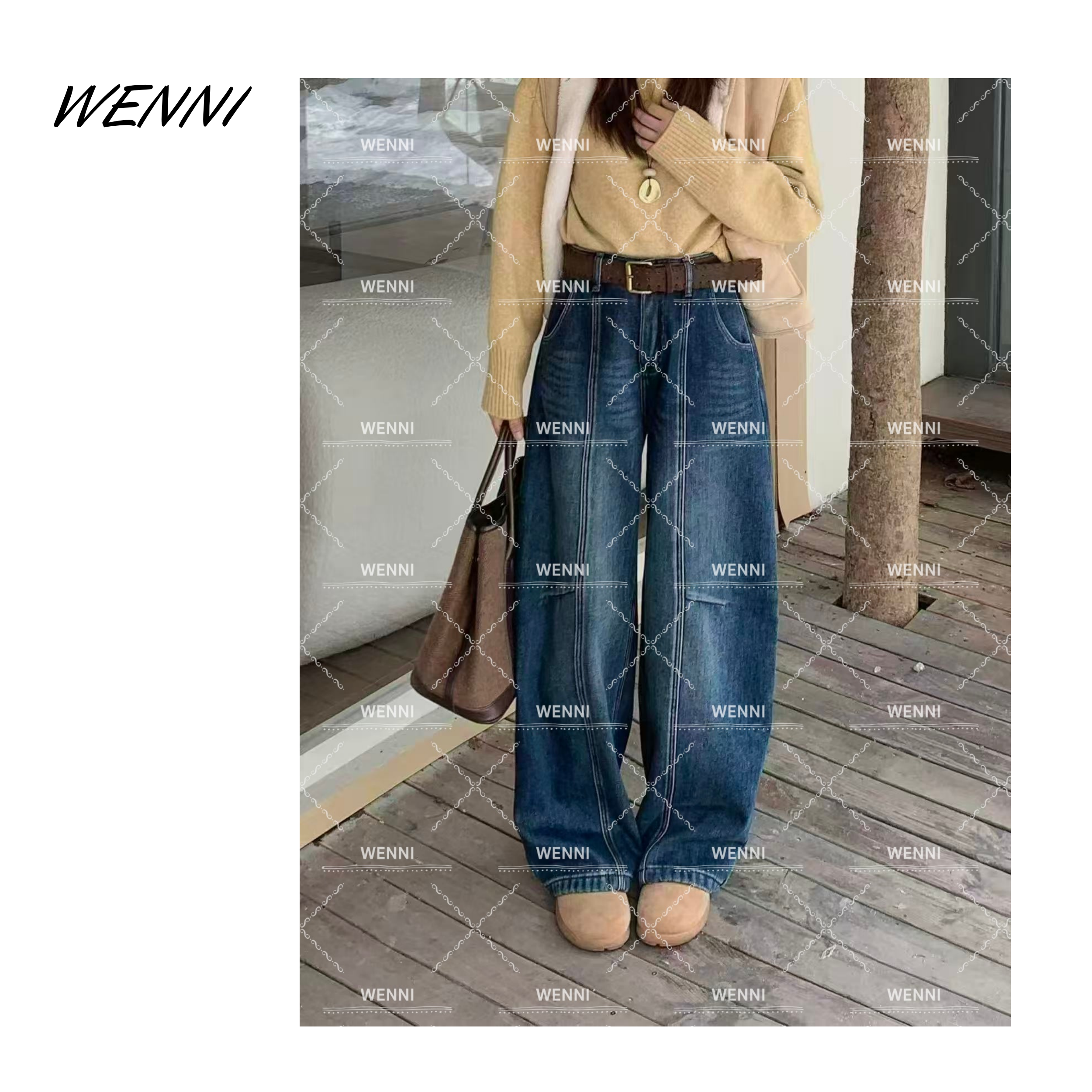 WENNI 【发财裤】秋冬女解构捏褶软糯加绒显瘦美式复古弯刀牛仔裤