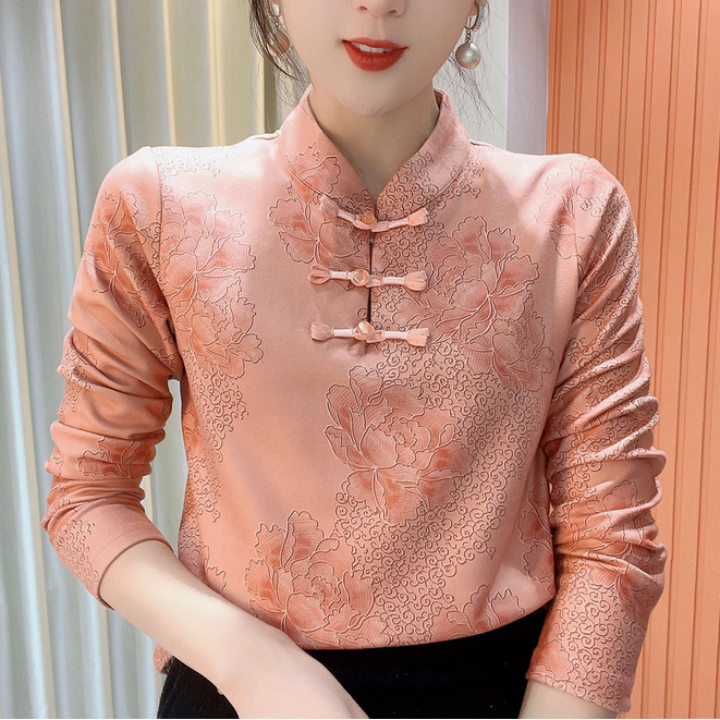 2024冬季新款立领印花气质百搭时尚长袖减龄加绒打底衫上衣女593