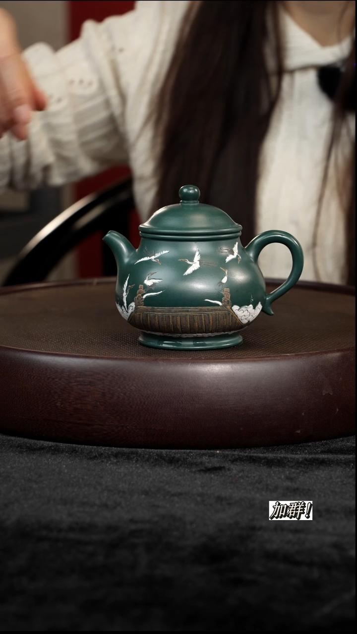 茶壶紫砂绿泥潘壶泥绘180cc