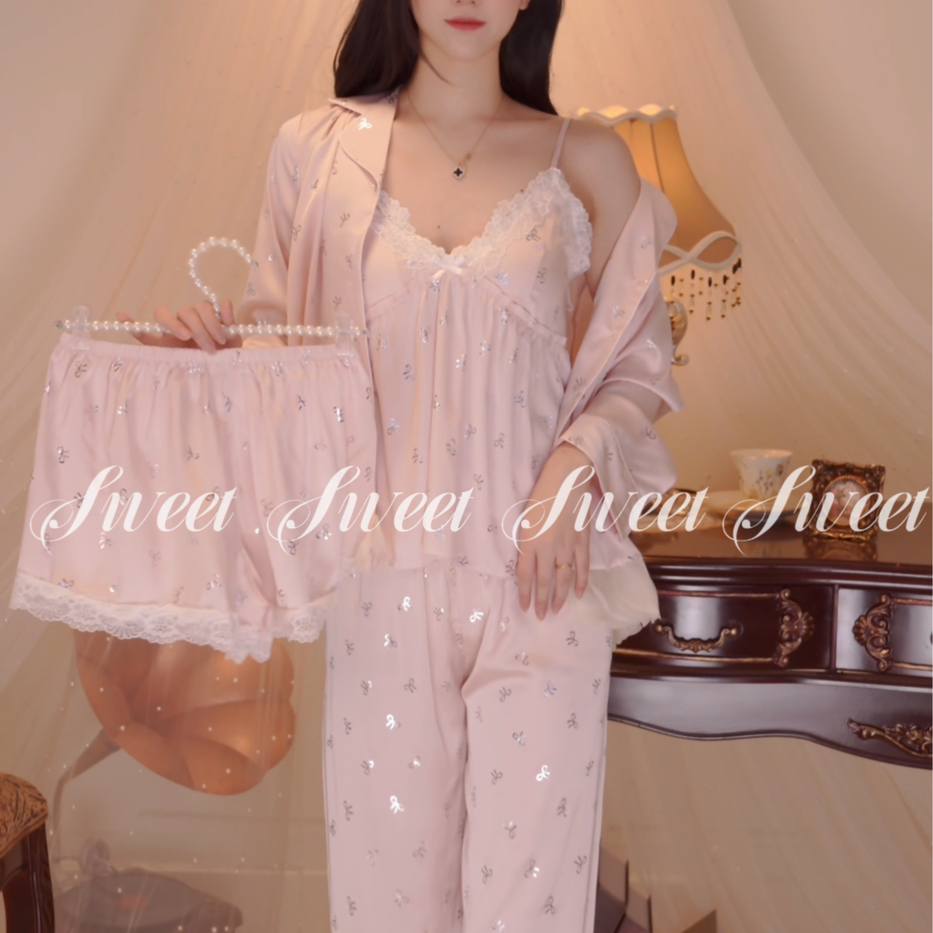 【美丽一百】D新款高定轻奢睡衣设计款四件套可外穿睡裙家居服套装