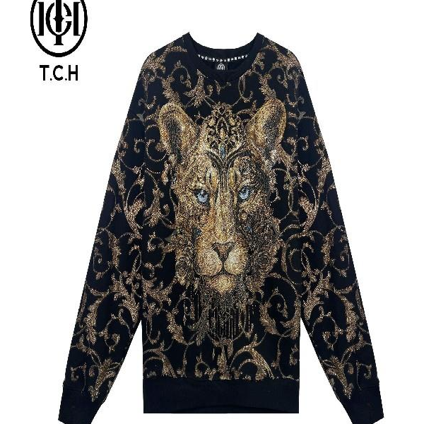 TCH服饰店播-潮牌字母金色烫钻描边狮子头像卫衣女T72C116071tch