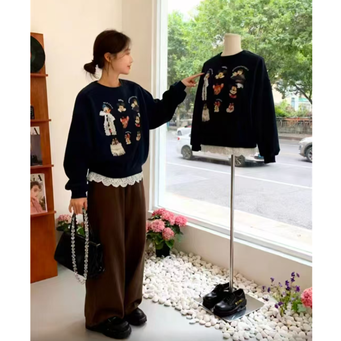 法式卡通印花圆领卫衣新款宽松显瘦百搭上衣+裤子套装8326