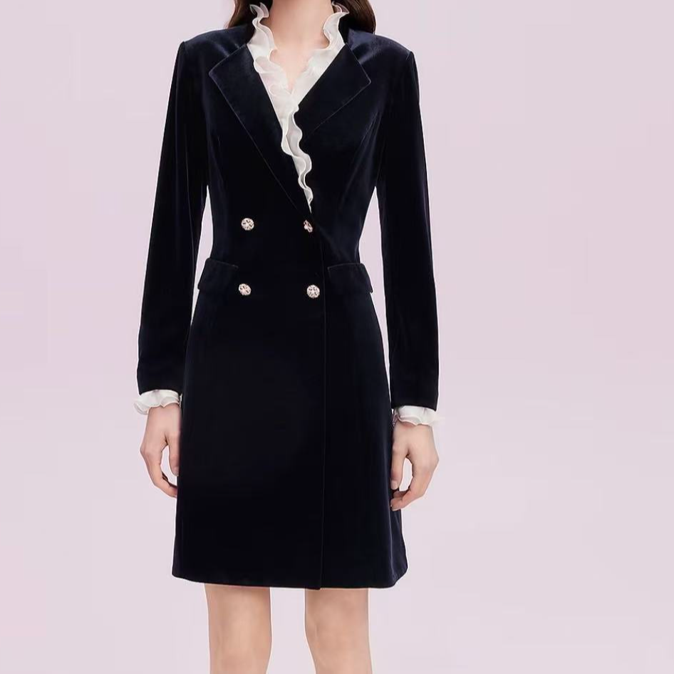 【拉】丝绒秋季新款法式宫廷风荷叶边时尚西装裙