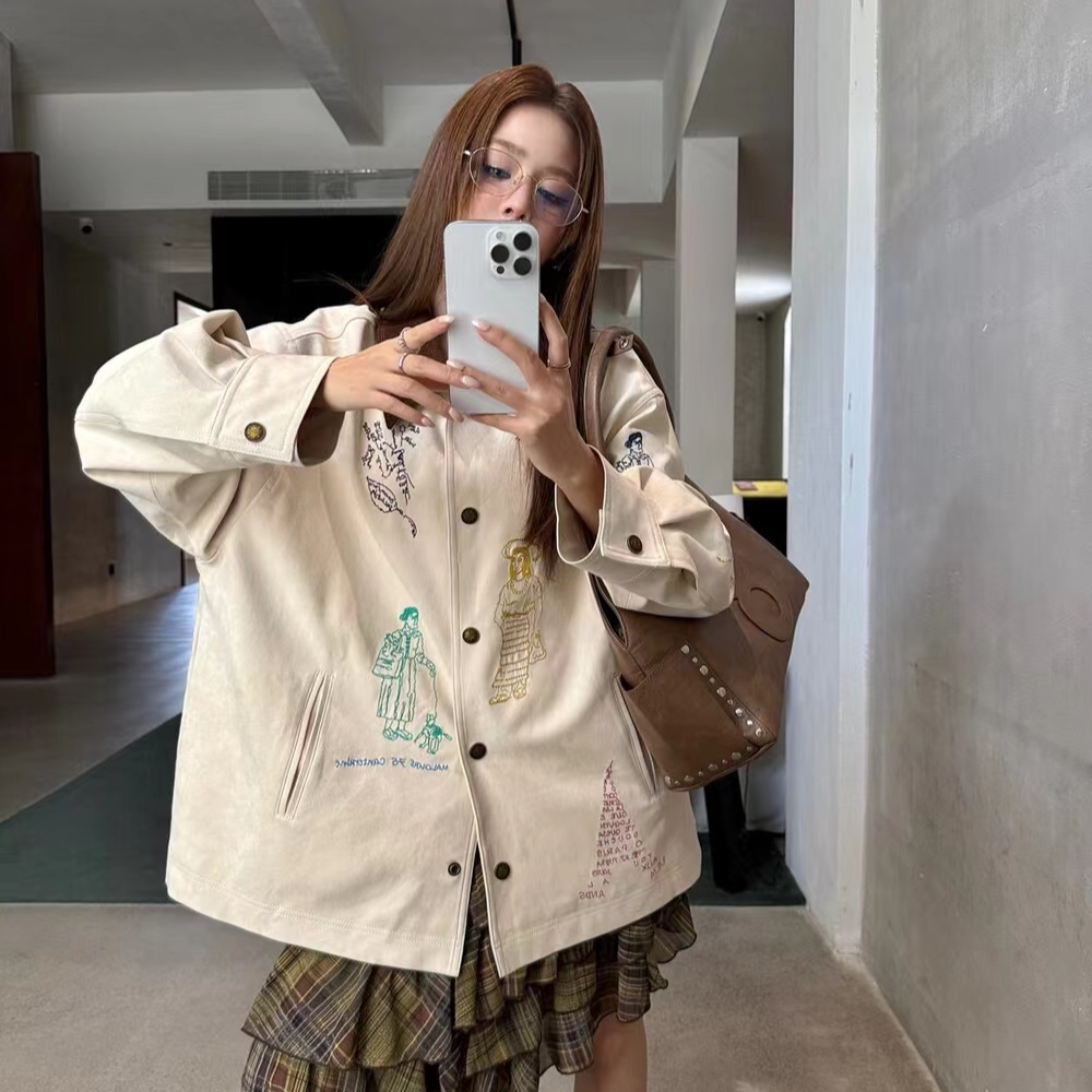 89605百搭秋冬刺绣单排扣上衣外套宽松韩版