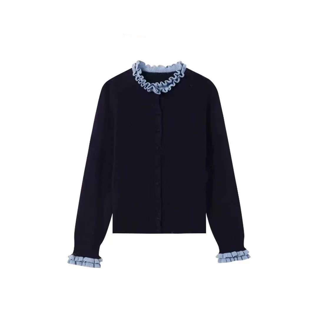 撞色花边领针织开衫外套秋冬设计感长袖上衣圆领时尚