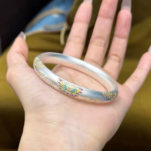 足银手镯 5号链接 足银描金珐琅彩蝴蝶祥云闭口国潮新中式手镯