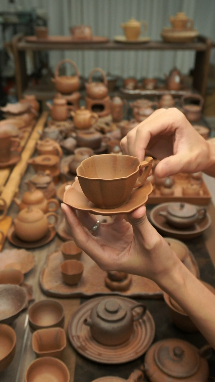 原矿老岩泥精工  小把手四叶杯配碟