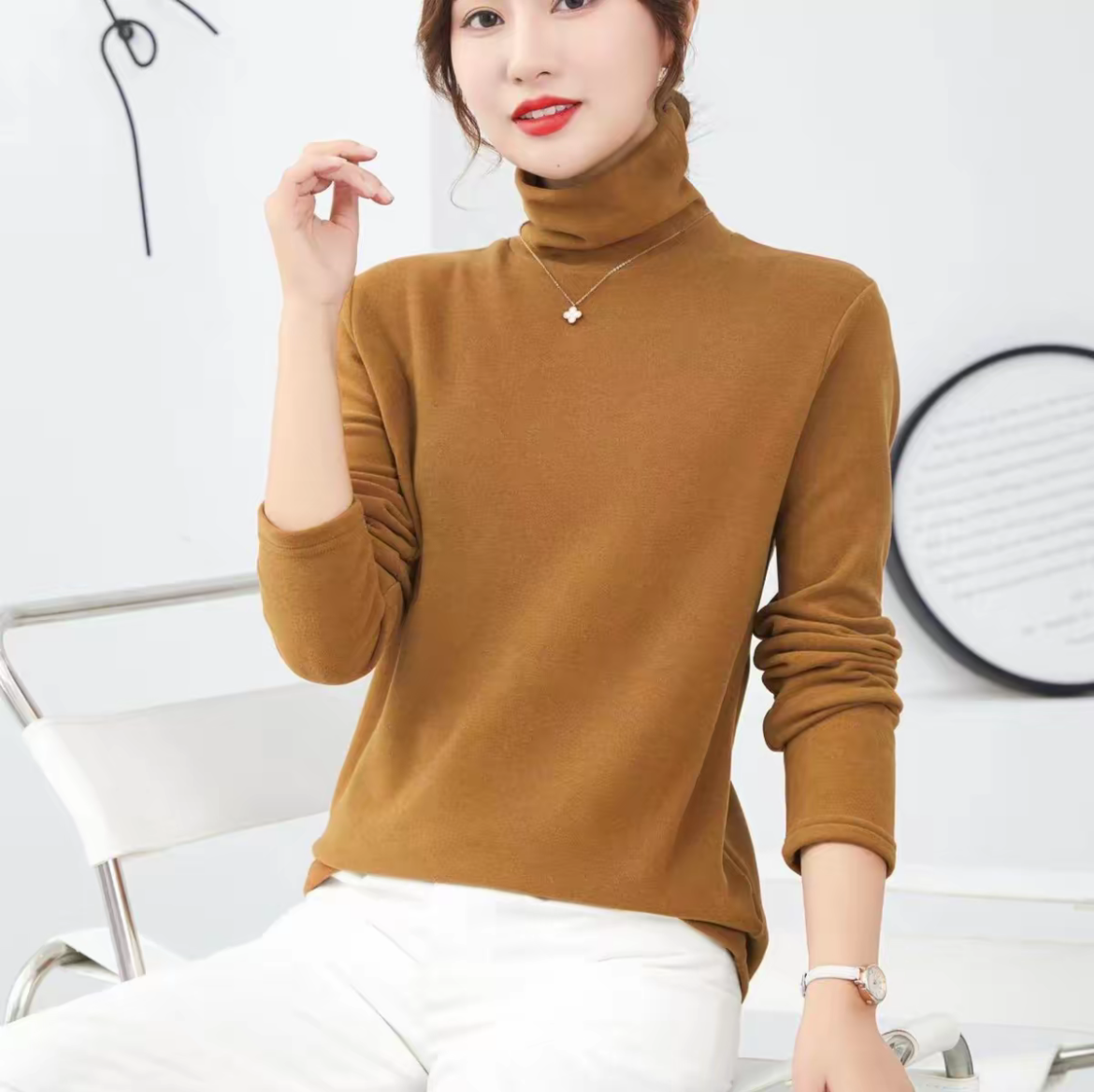 双面德绒堆堆领加厚保暖纯色打底衫秋冬女士经典百搭时尚洋气